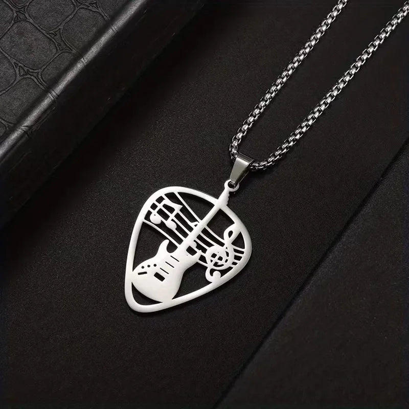Stainless Steel Guitar Pick Necklace Bass Musical Note Pendant Box Chain Necklaces For Men or Women
