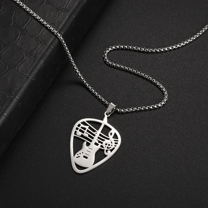 Stainless Steel Guitar Pick Necklace Bass Musical Note Pendant Box Chain Necklaces For Men or Women