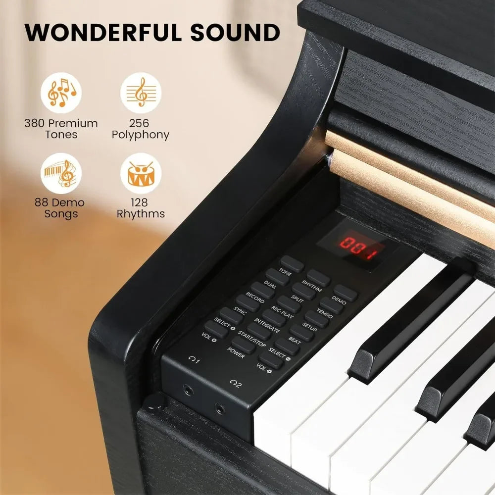Piano, 88 Weighted Keys Keyboard, Upright Black Piano, Electric Piano with 380 Tones,128 Rhythms,88 Demo